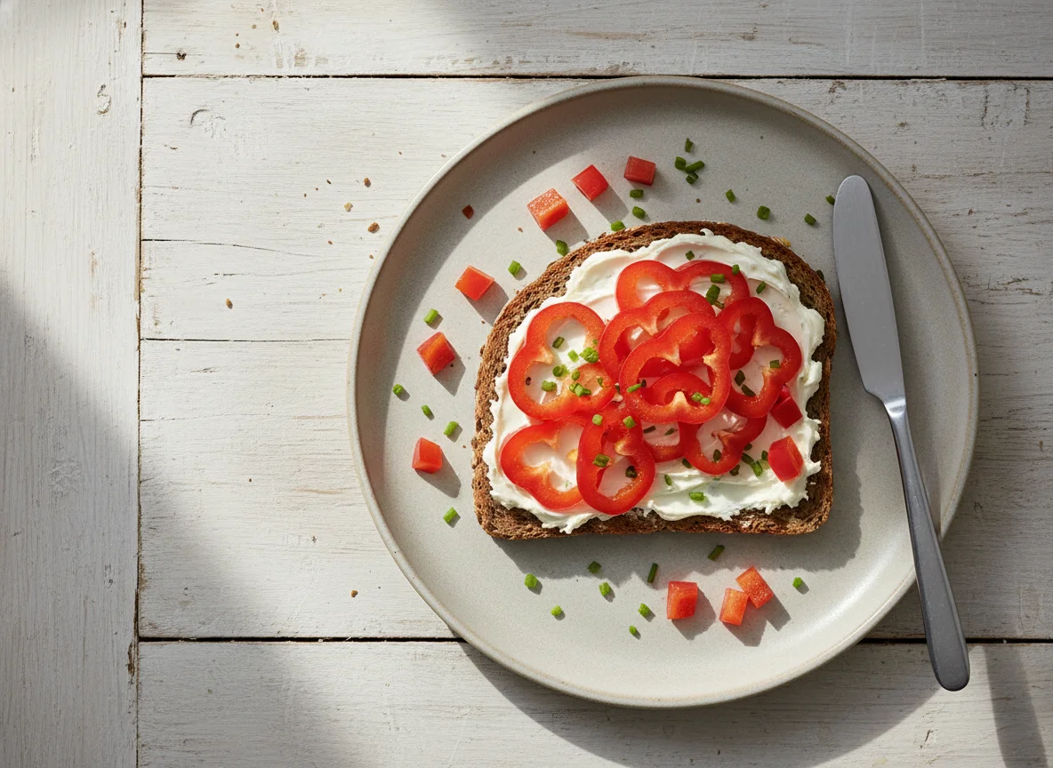 Brot mit Frischkäse und Paprika photo