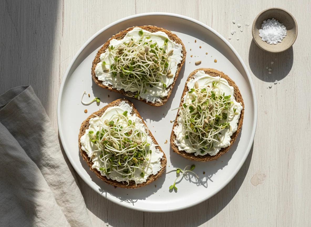Brot mit Frischkäse und Sprossen photo