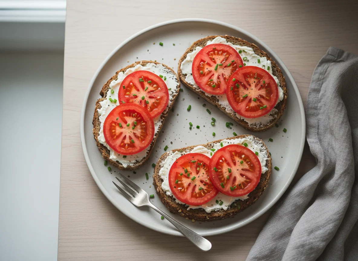 Brot mit Frischkäse und Tomate photo