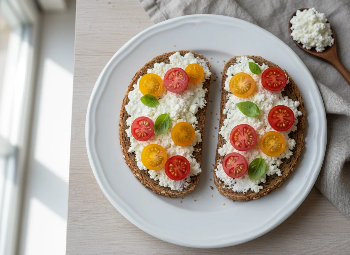 Brot mit Frischkäse und Tomaten photo