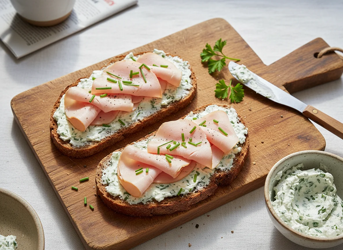 Brot mit Frischkäse und Trutenbrust photo