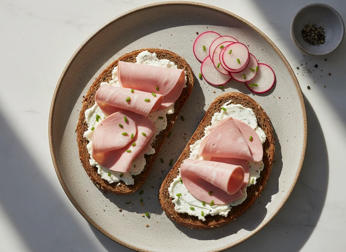 Brot mit Frischkäse und Wurst photo