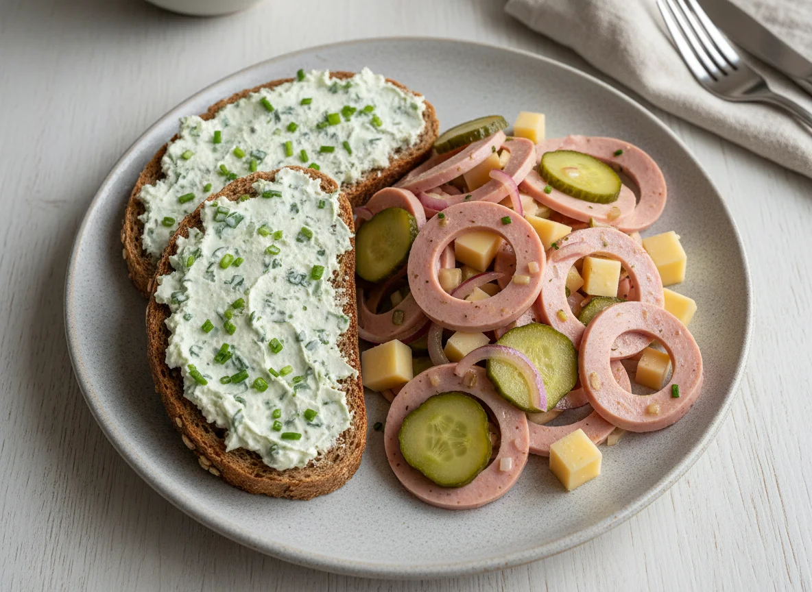 Brot mit Frischkäse und Wurstsalat photo