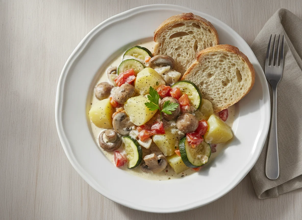 Brot mit Gemüse-Pilz-Ragout in Rahmsauce photo