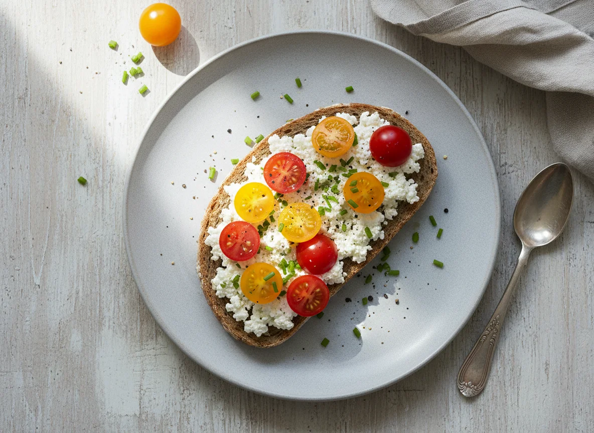 Brot mit Hüttenkäse und Kirschtomaten photo