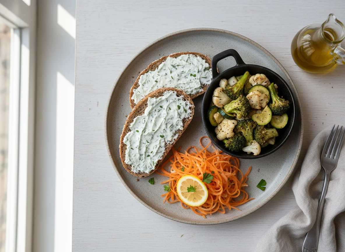 Brot mit Karottensalat und Gemüsepfanne photo