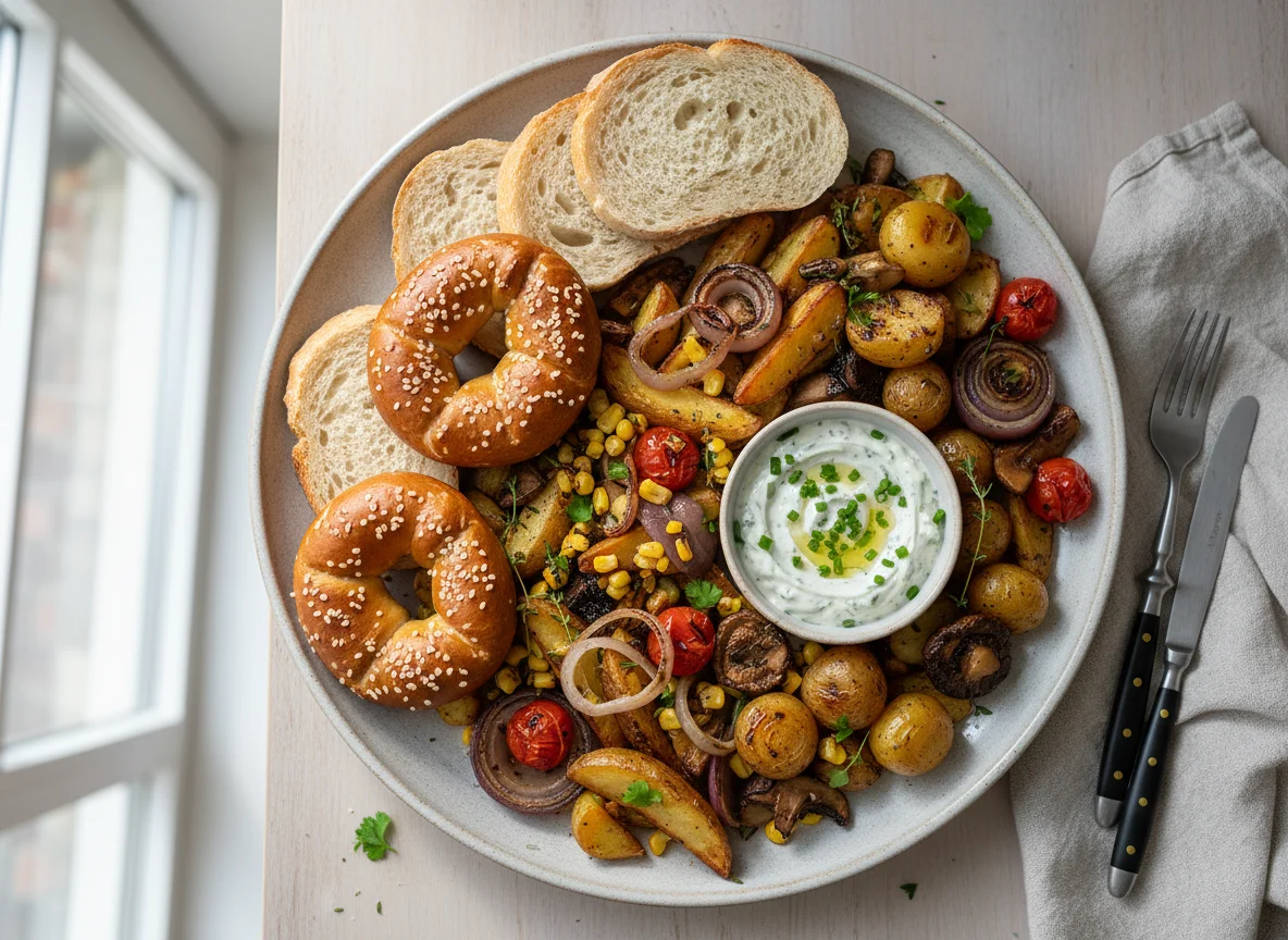 Brot mit Kartoffelgemüse und Dip photo