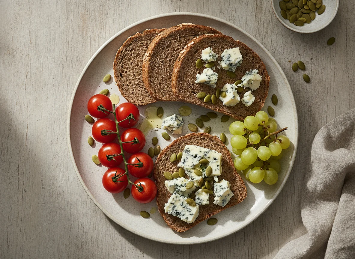 Brot mit Käse, Tomaten, Trauben und Kernen photo