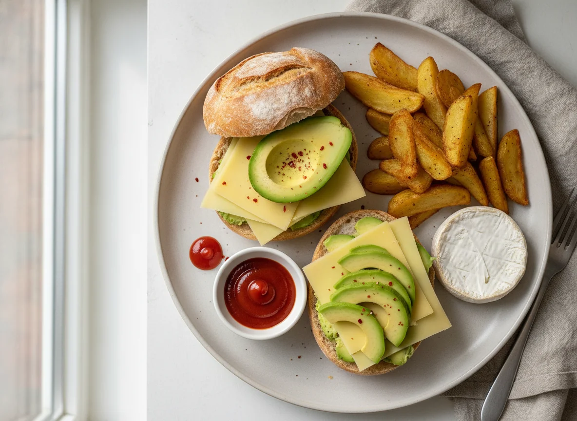 Brot mit Käse und Avocado, dazu Kartoffelspalten mit Ketchup und Camembert photo