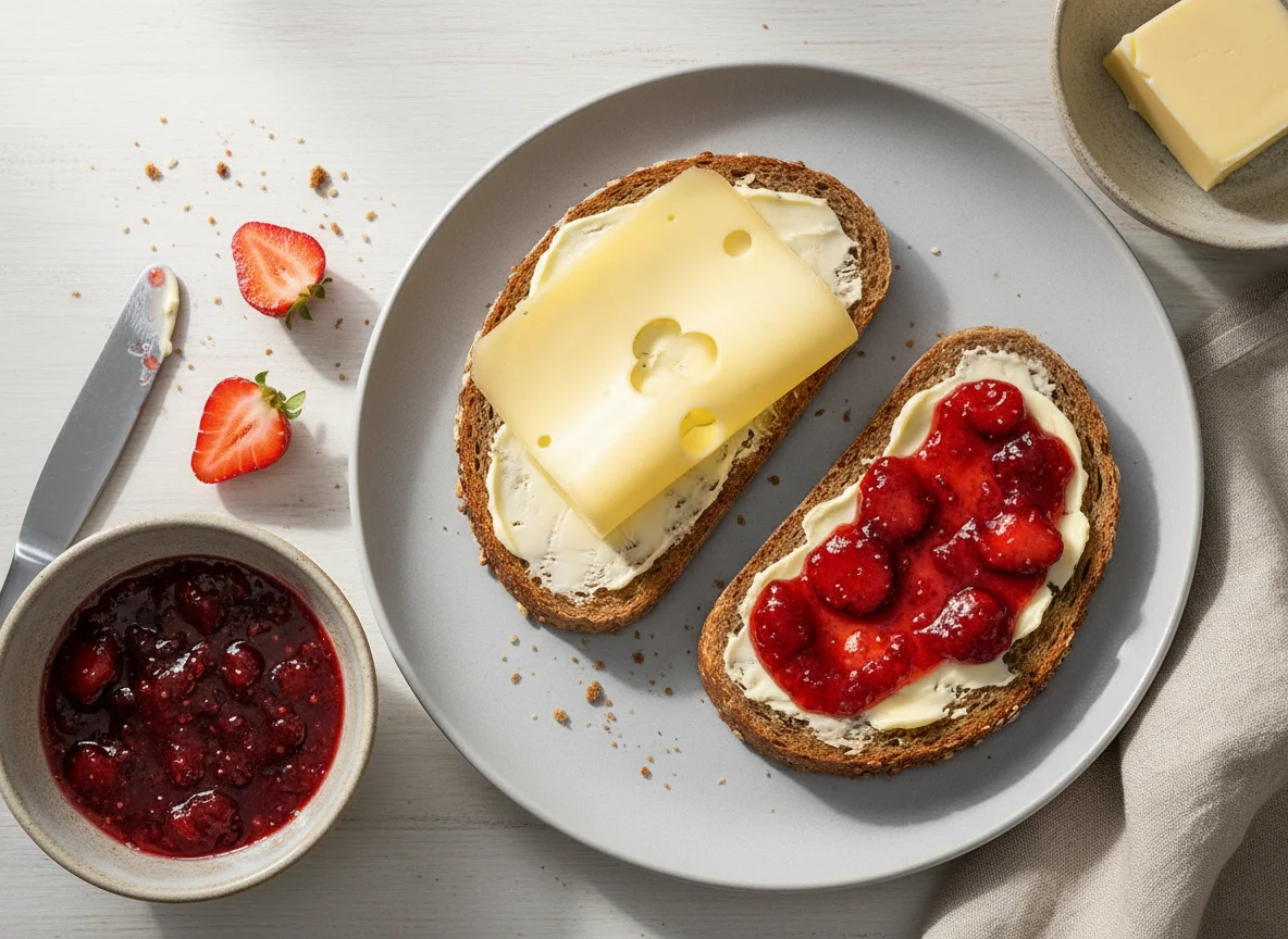 Brot mit Käse und Erdbeermarmelade photo