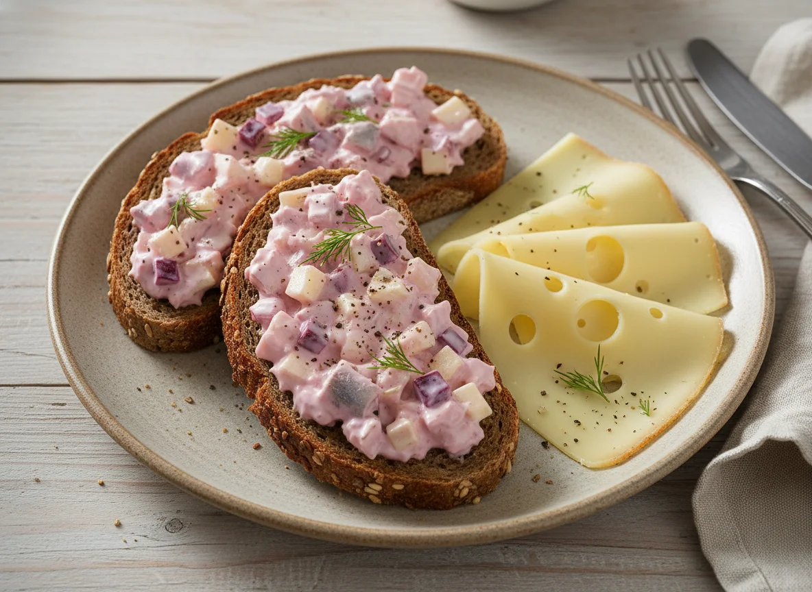 Brot mit Käse und Heringssalat photo