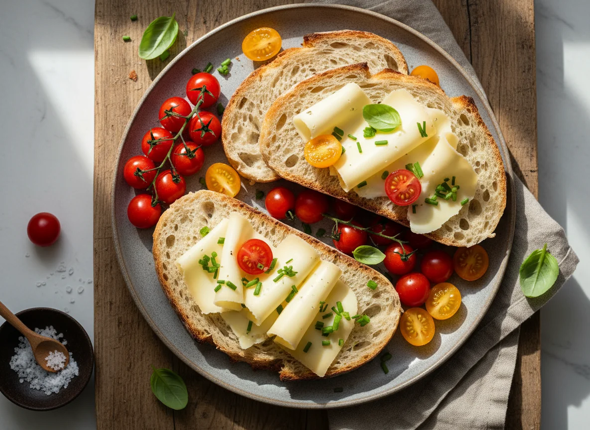 Brot mit Käse und Kirschtomaten photo