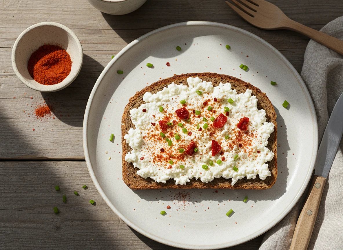 Brot mit Körnigem Frischkäse und Paprikapulver photo