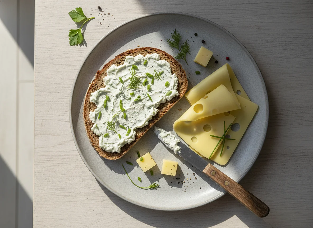 Brot mit Kräuterfrischkäse und Käse photo