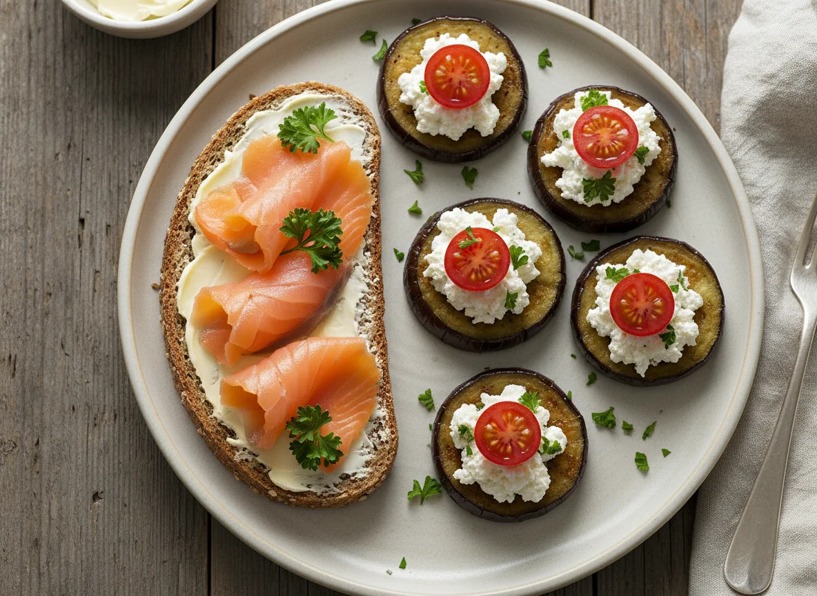 Brot mit Lachs und Auberginen-Snacks photo