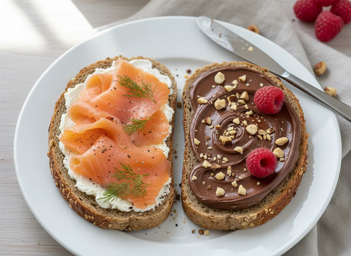 Brot mit Lachs und Schokoaufstrich photo