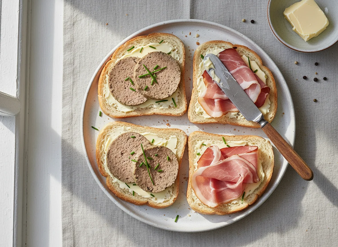 Brot mit Leberwurst und Schinken photo