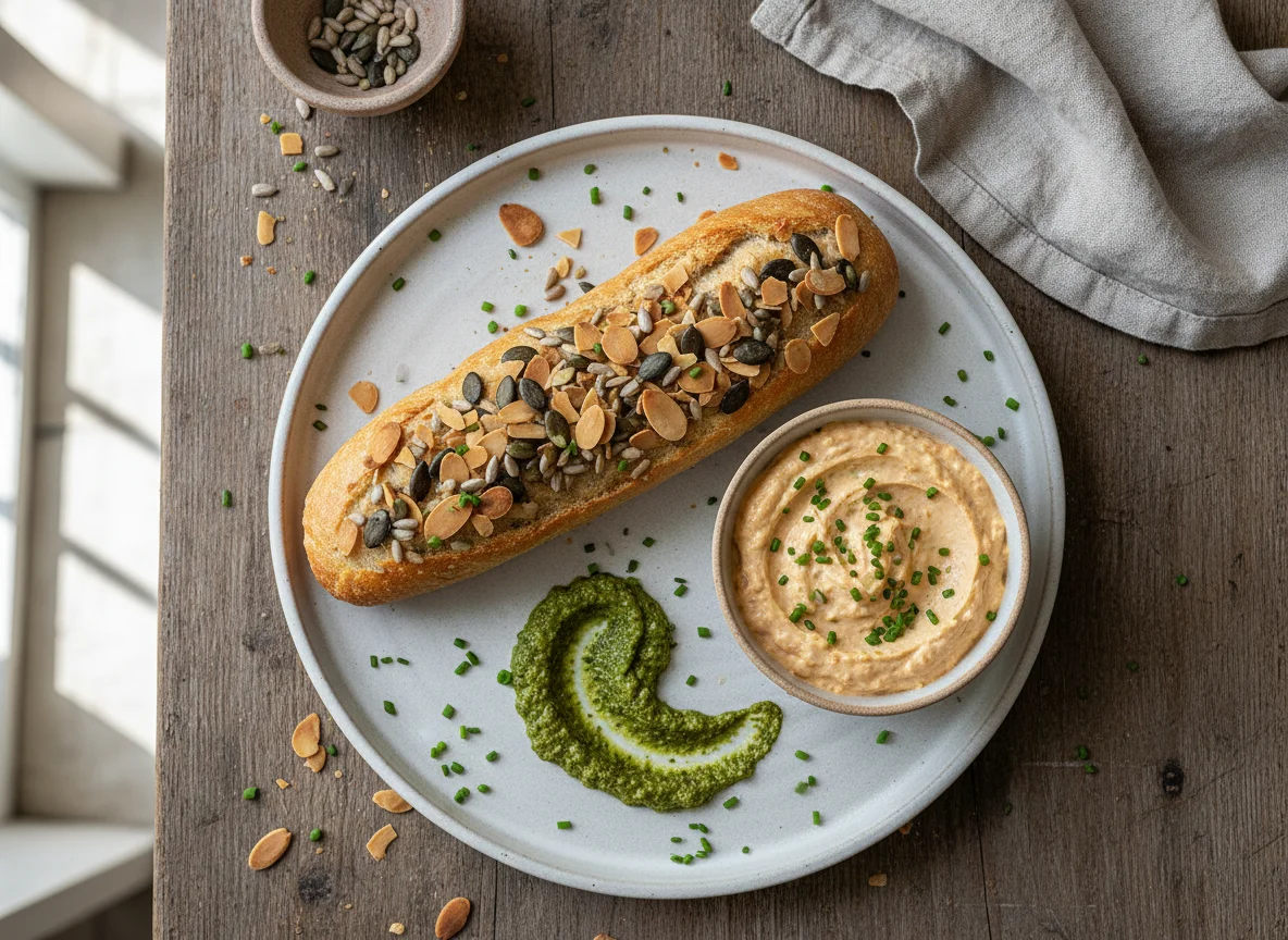 Brot mit Mandeln und Gemüsedip photo