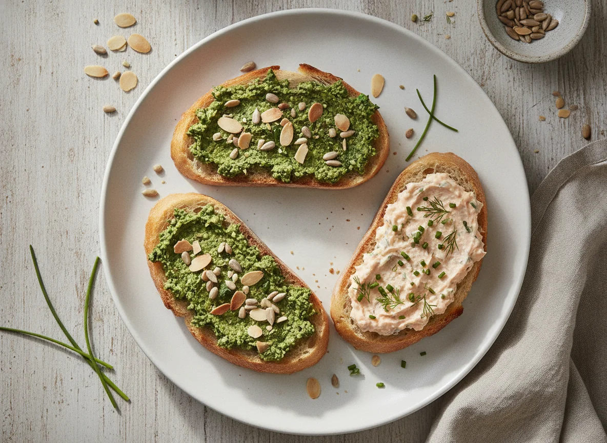 Brot mit Mandel-Samen-Aufstrich und Lachsaufstrich photo