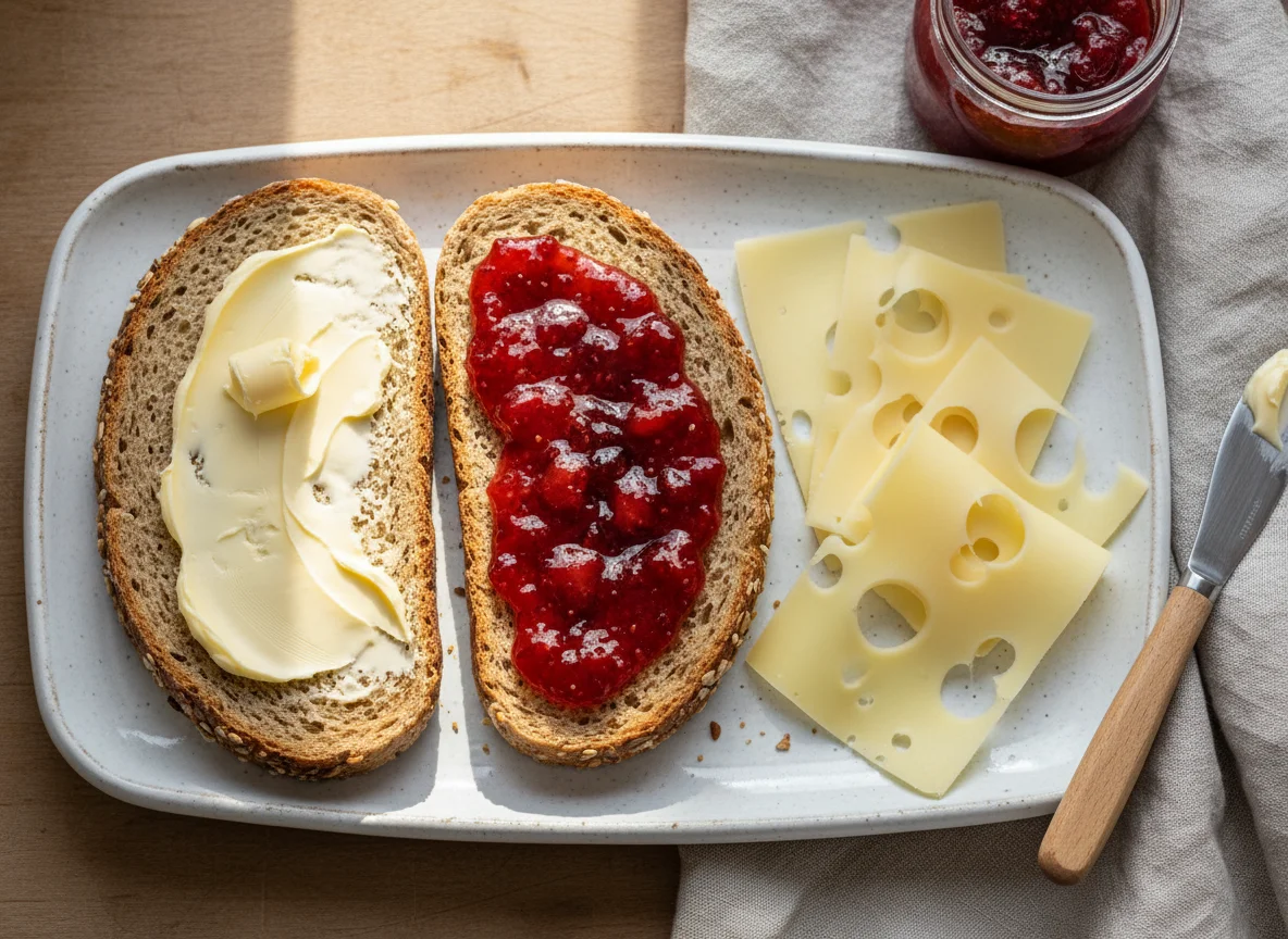 Brot mit Marmelade und Käse photo