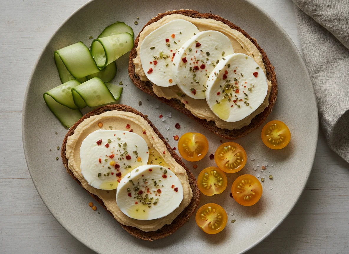 Brot mit Mozzarella, Hummus und Gemüse photo