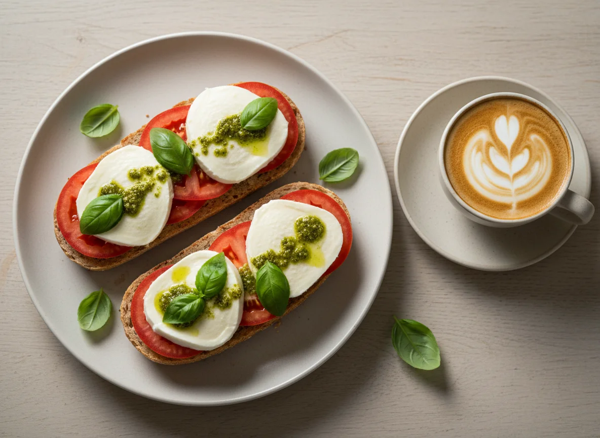 Brot mit Mozzarella, Tomate, Pesto und Kaffee photo