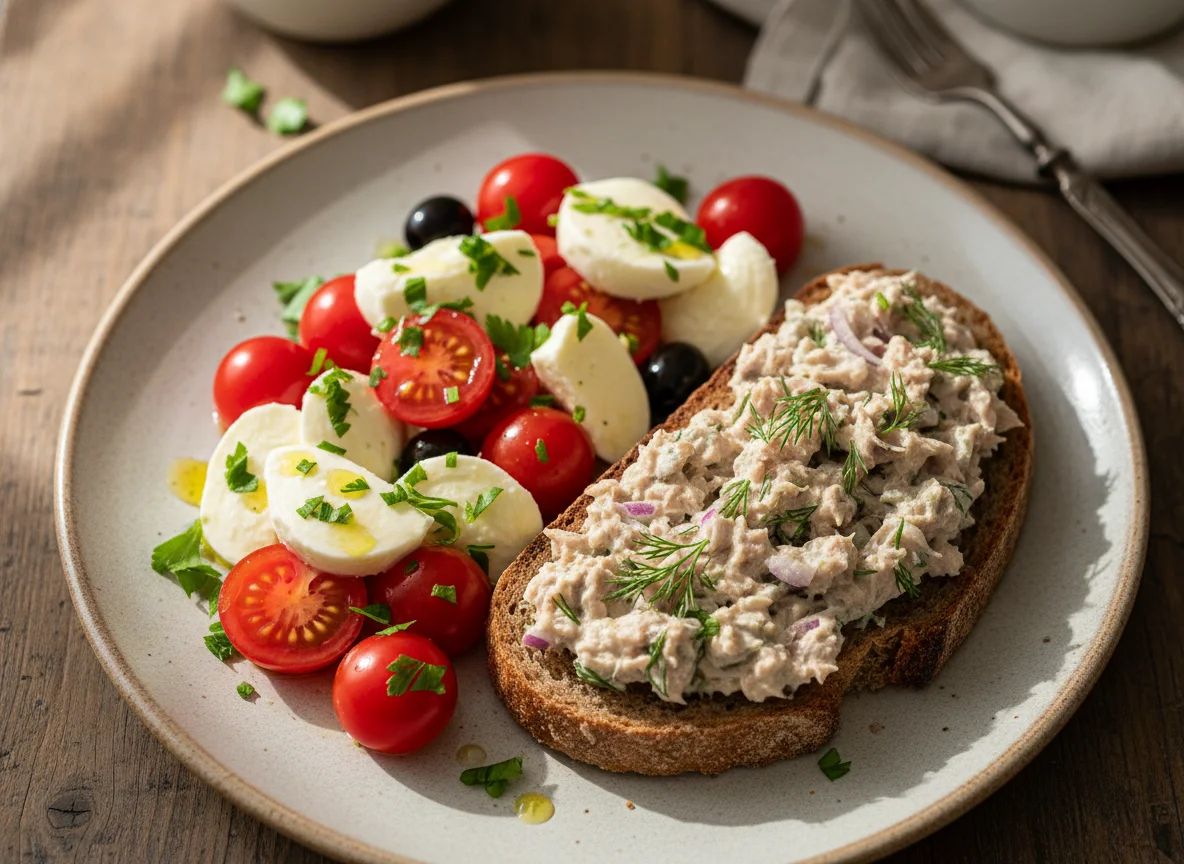 Brot mit Mozzarella, Tomaten und Thunfischsalat photo