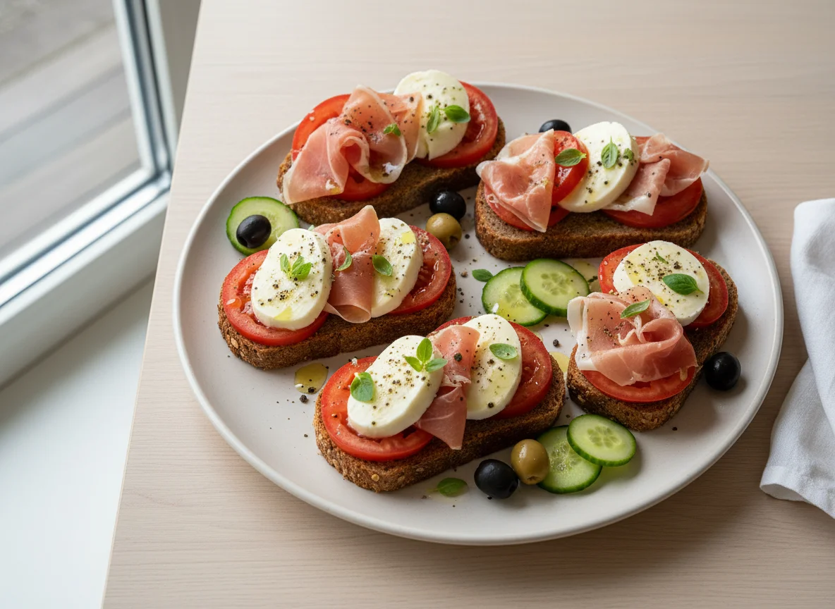 Brot mit Mozzarella und Schinken photo