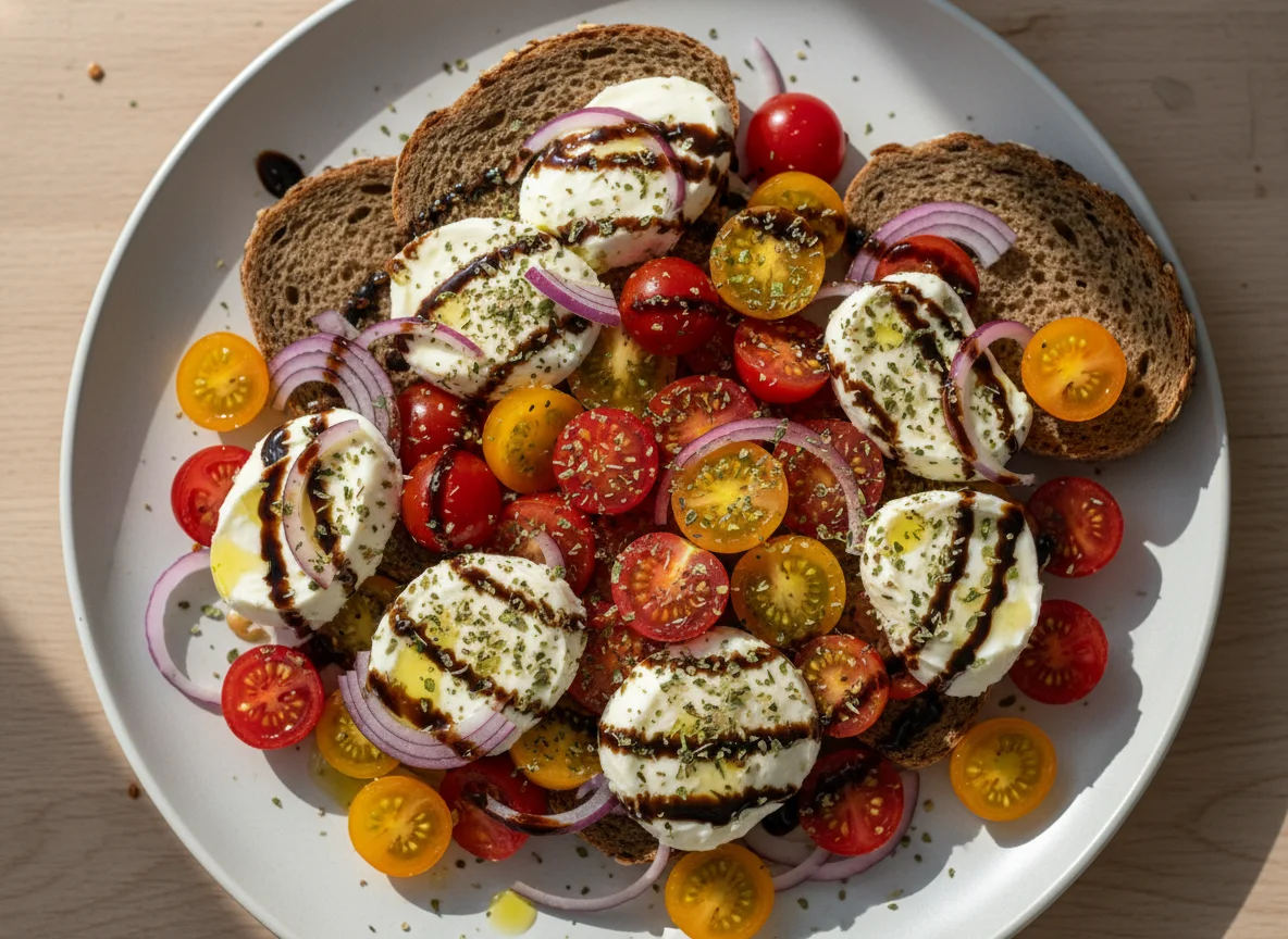 Brot mit Mozzarella und Tomatensalat photo