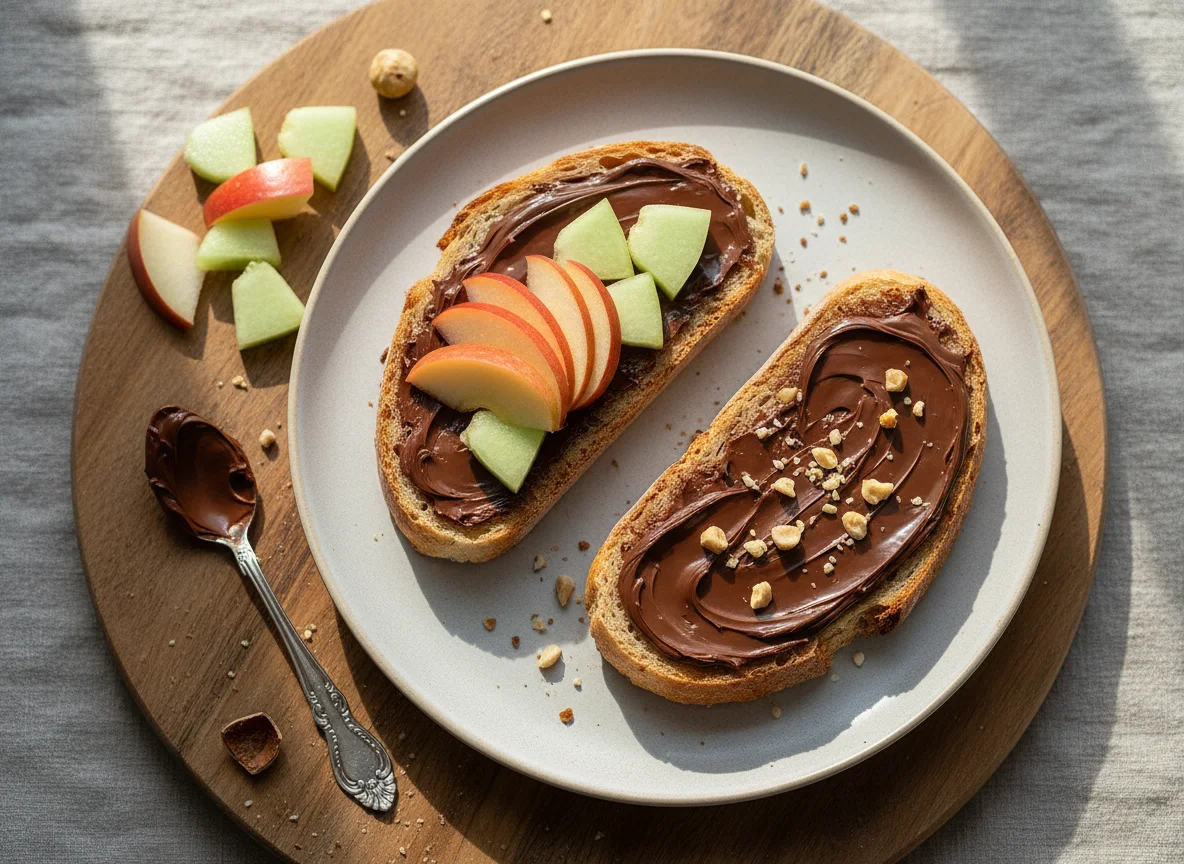 Brot mit Nuss-Nougat-Creme und Obst photo