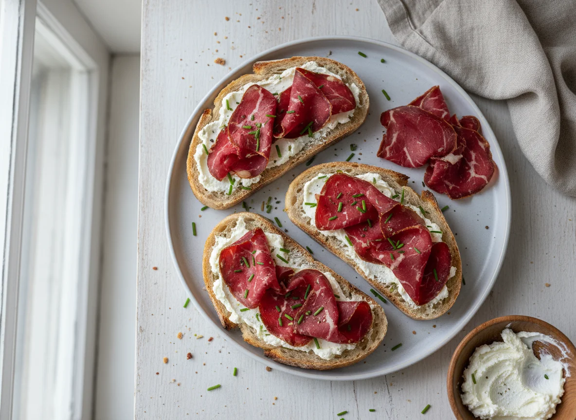 Brot mit Pastirma und Frischkäse photo