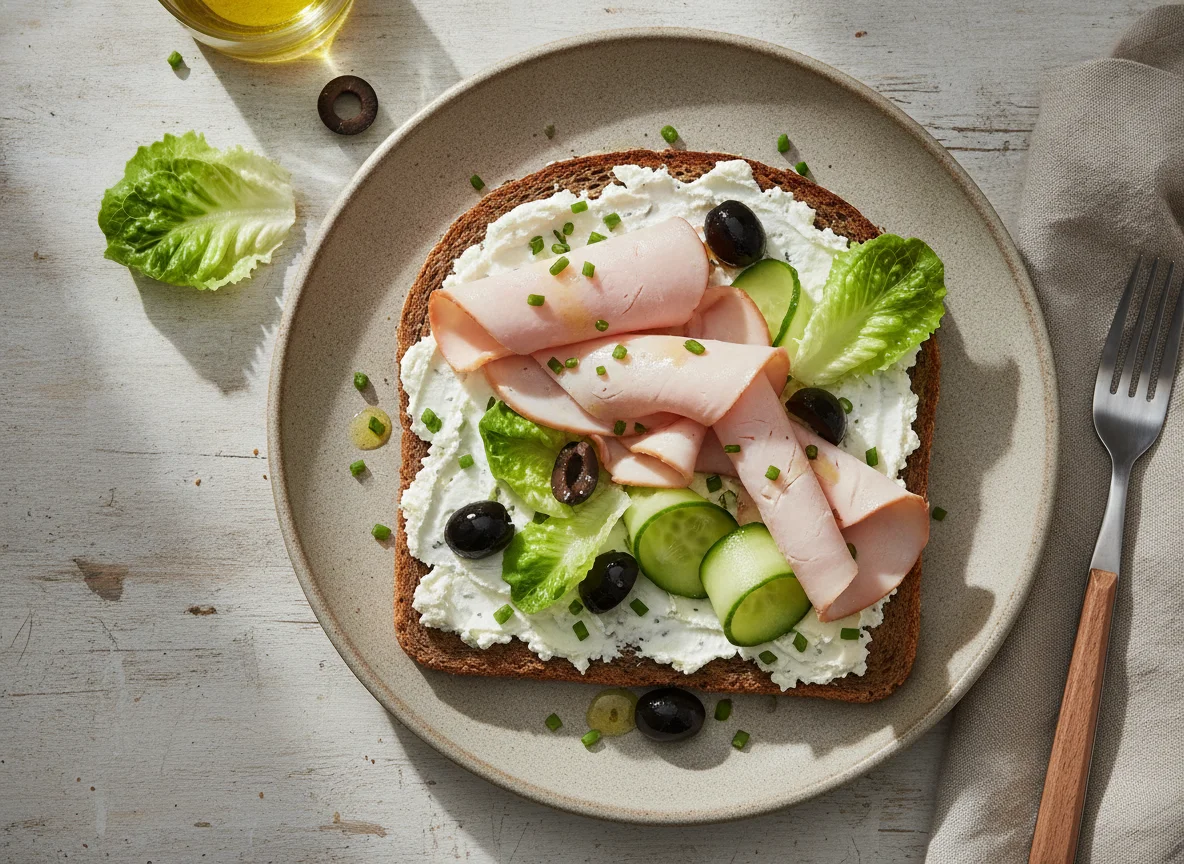 Brot mit Putenbrust, Frischkäse und Beilagen photo