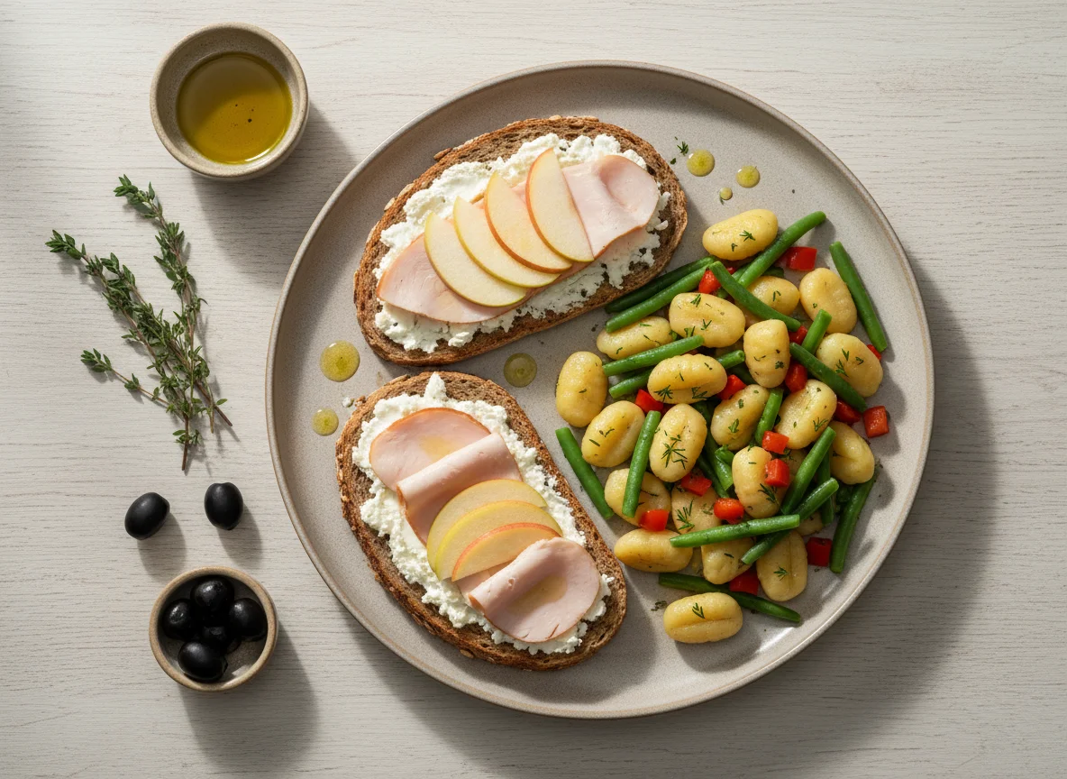 Brot mit Putenbrust und Apfel, dazu Gnocchi mit Gemüse photo