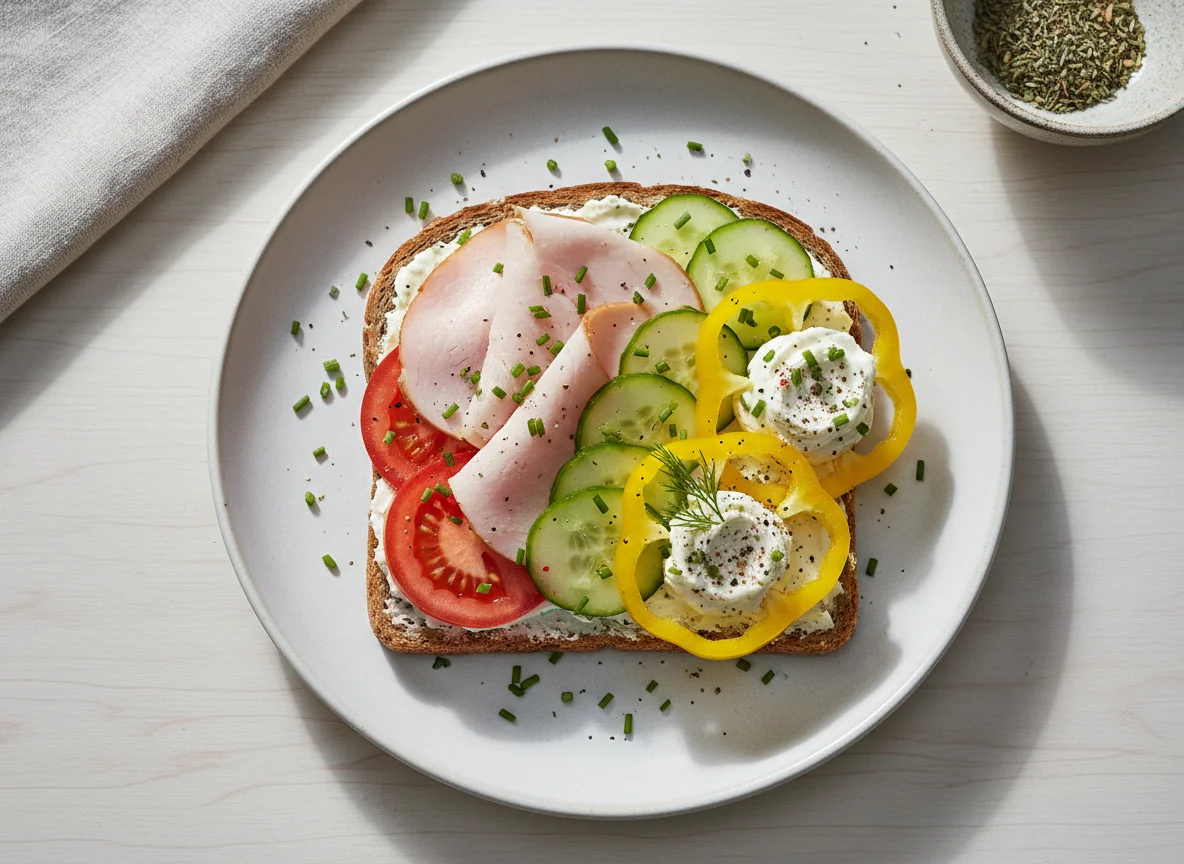 Brot mit Putenbrust und Gemüse photo