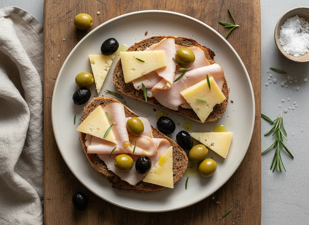Brot mit Putenschinken, Käse und Oliven photo