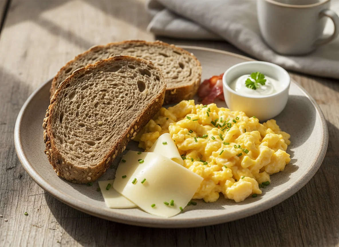 Brot mit Rührei und Käse photo