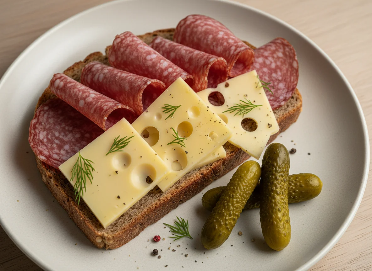 Brot mit Salami, Käse und Essiggurken photo