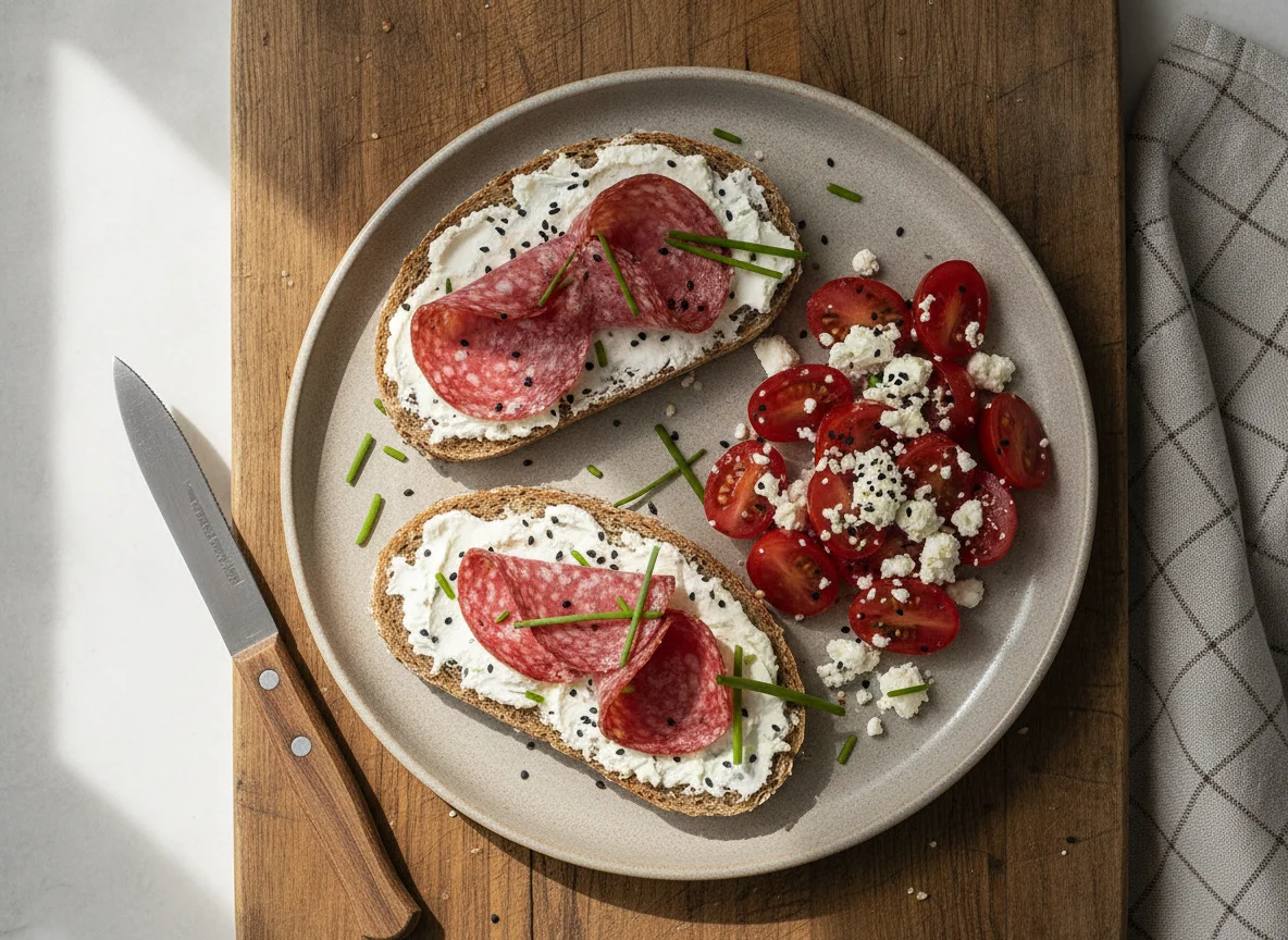 Brot mit Salami und Frischkäse, Tomaten mit Feta photo