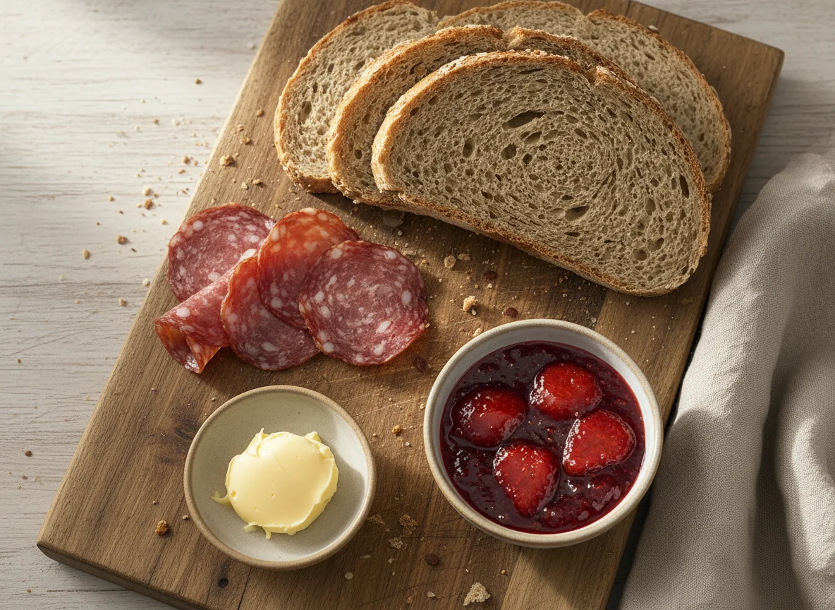 Brot mit Salami und Marmelade photo