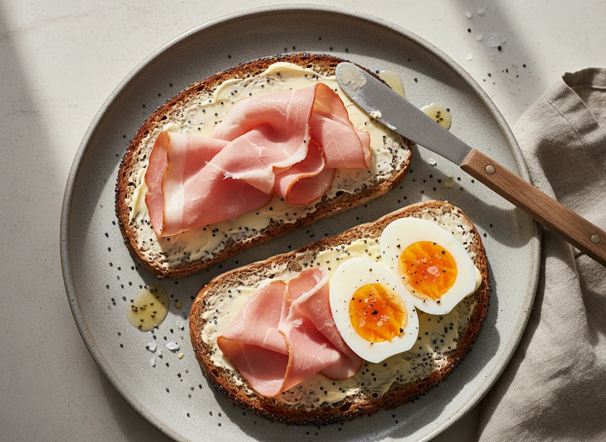 Brot mit Schinken und Ei photo