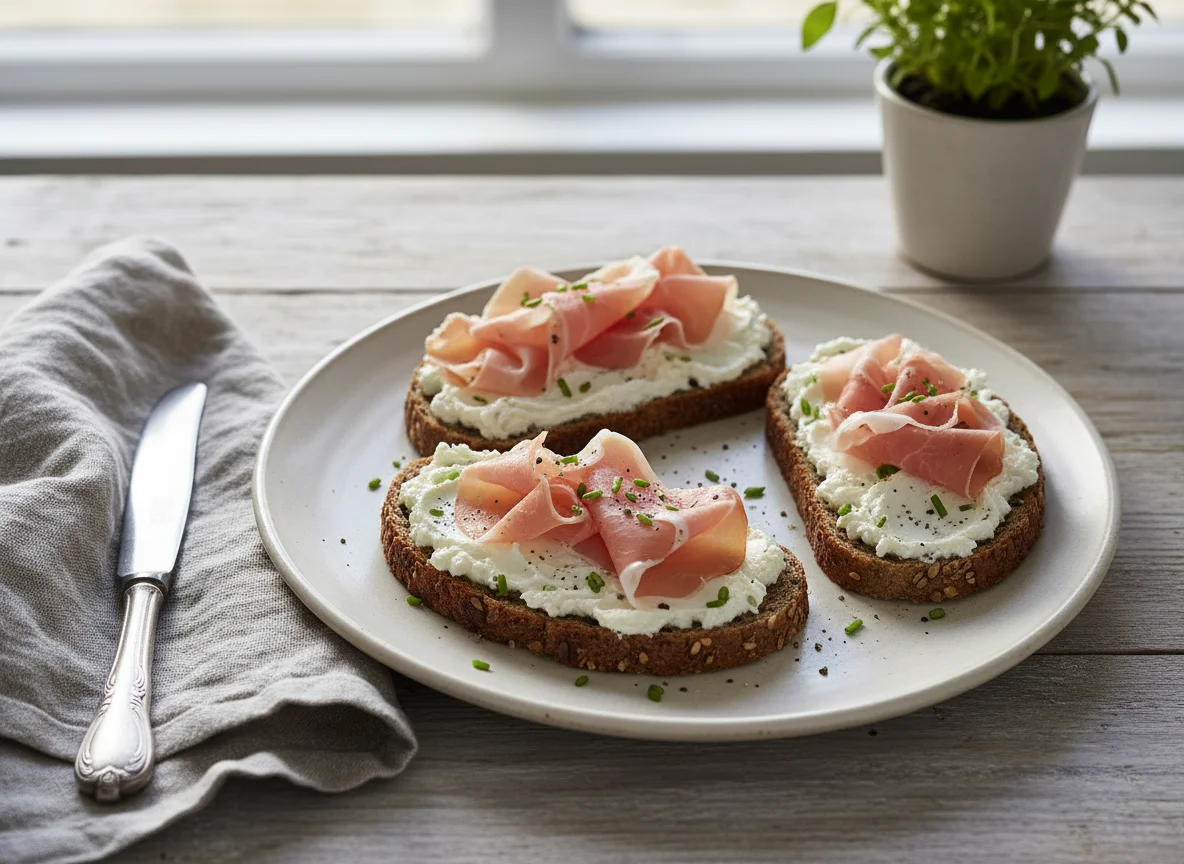 Brot mit Schinken und Frischkäse photo