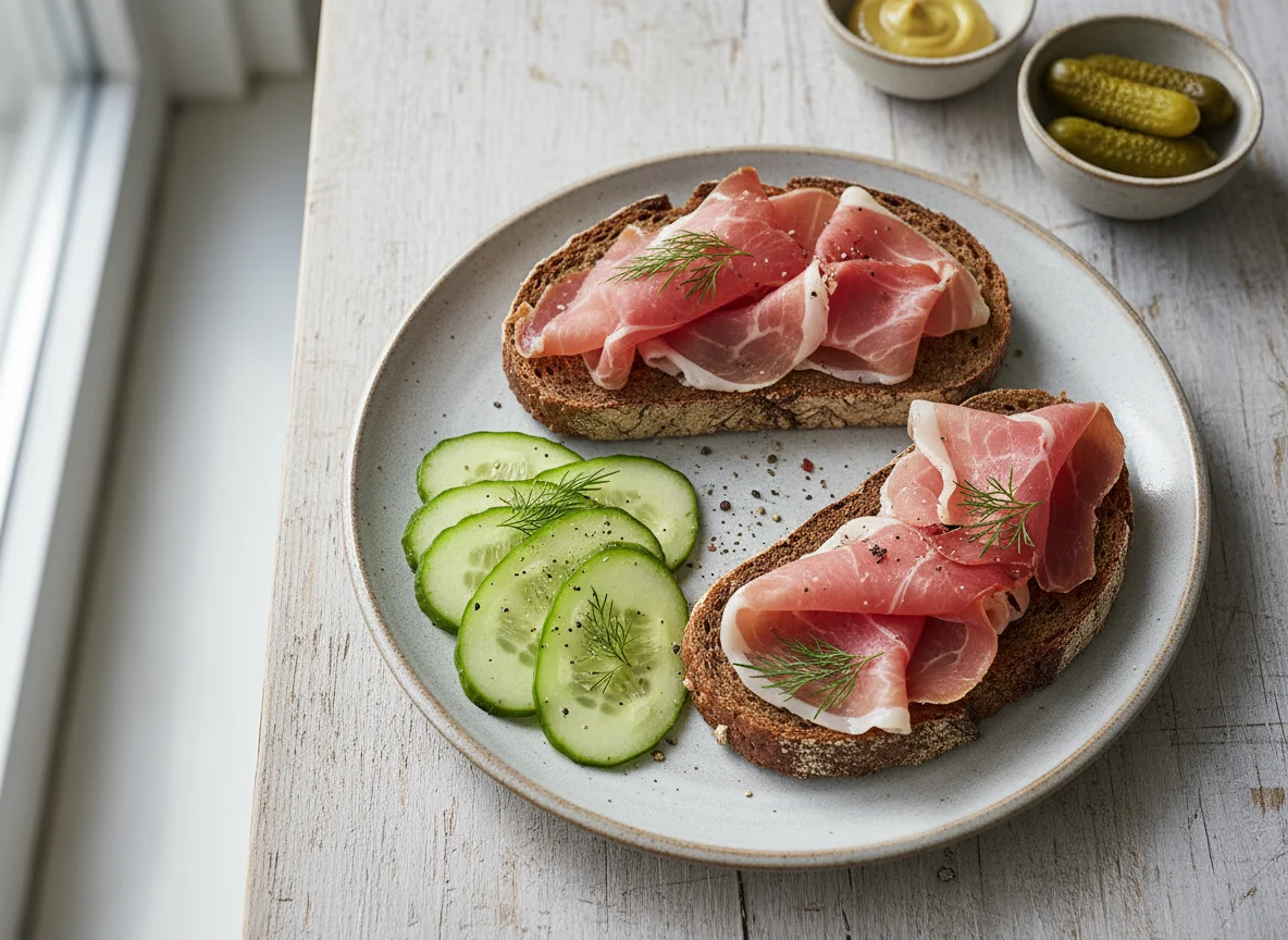 Brot mit Schinken und Gurke photo