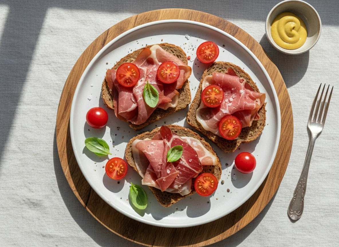 Brot mit Schinken und Kirschtomaten photo