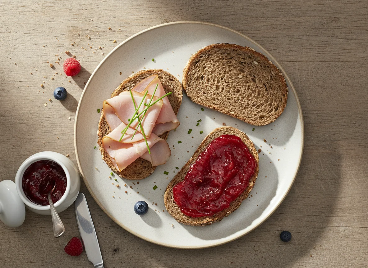 Brot mit Schinken und Marmelade photo