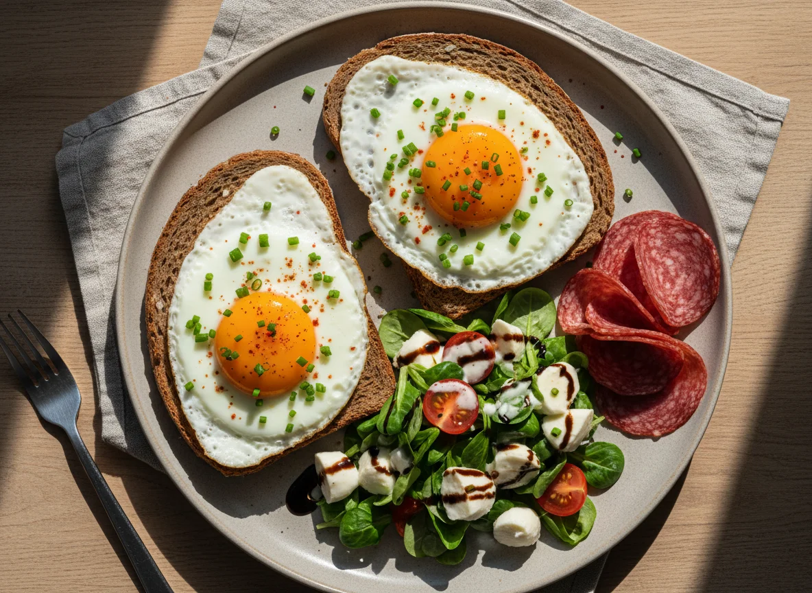 Brot mit Spiegelei, Salami und Salat photo