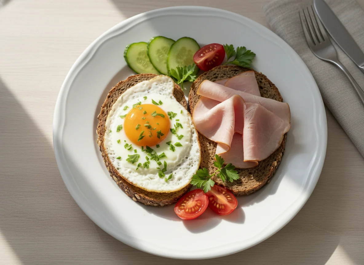 Brot mit Spiegelei, Schinken und Beilagen photo