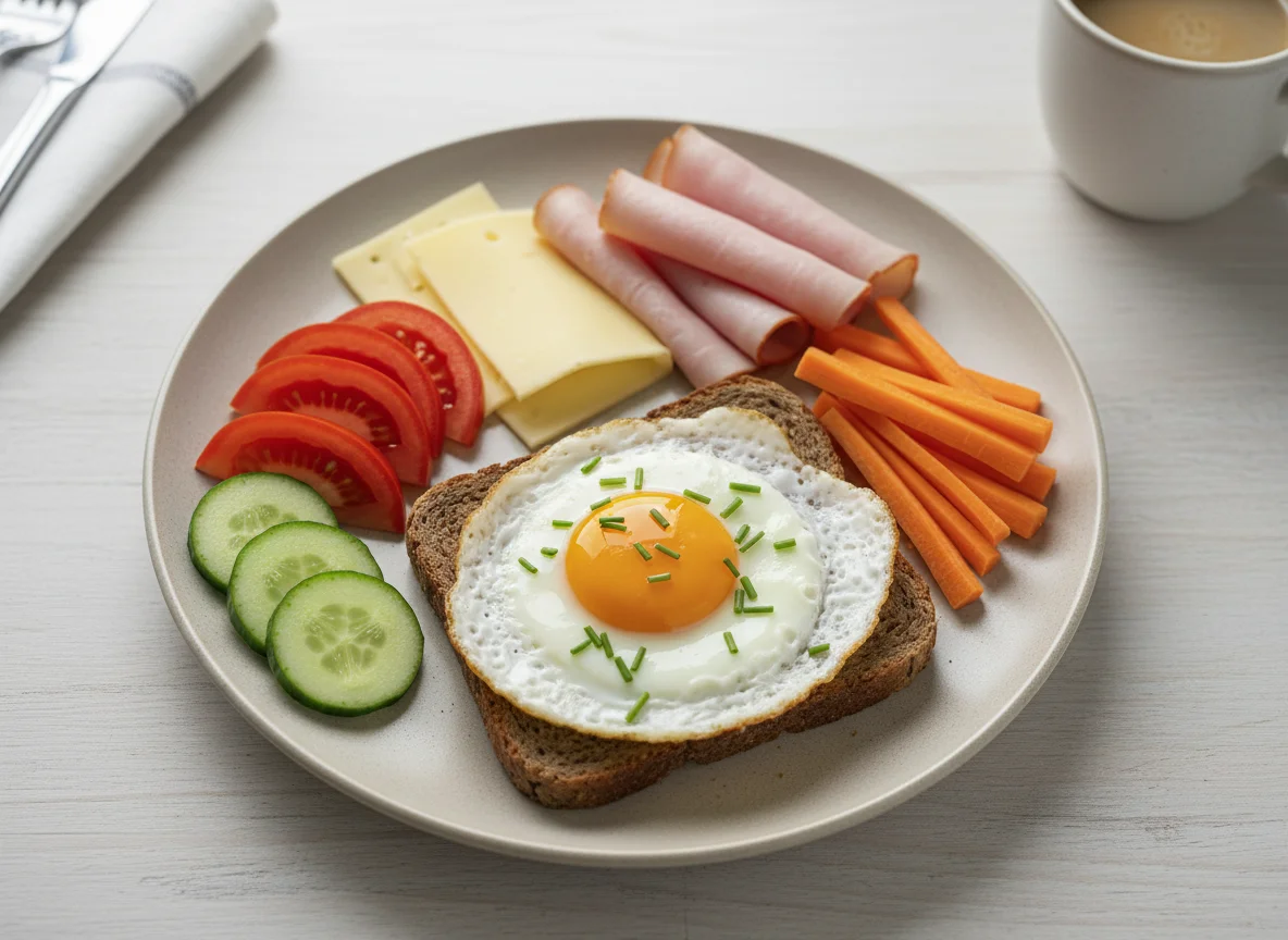 Brot mit Spiegelei und Beilagen photo