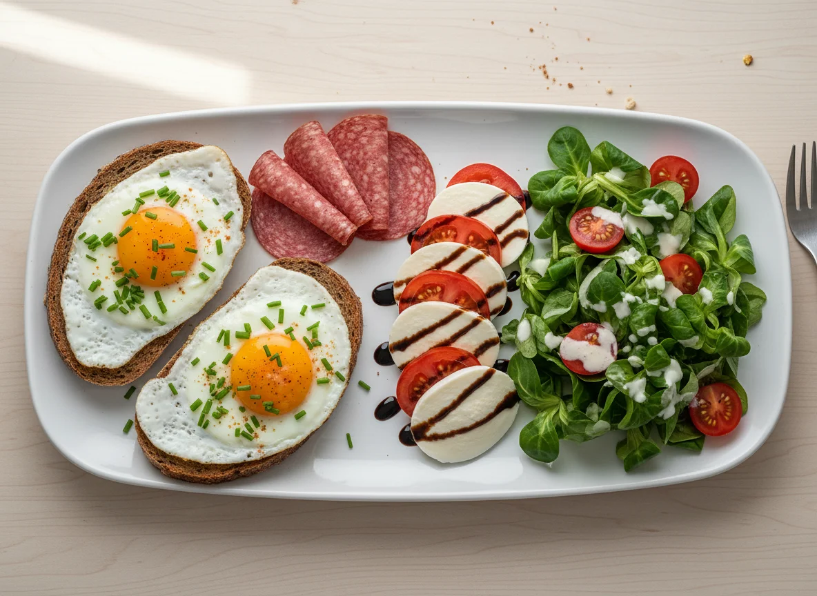 Brot mit Spiegelei und Salami, Tomate Mozzarella und Feldsalat photo