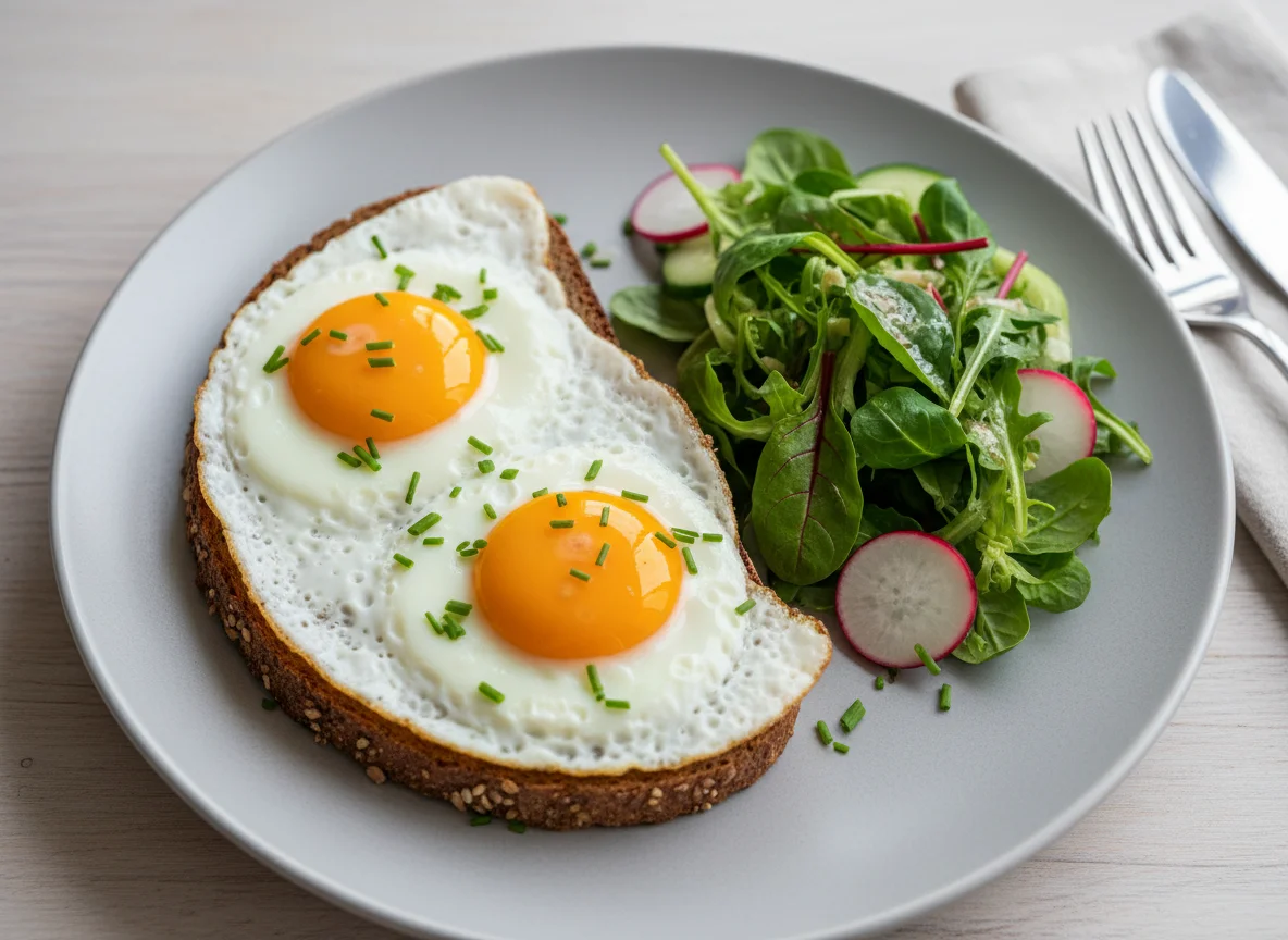 Brot mit Spiegelei und Salat photo