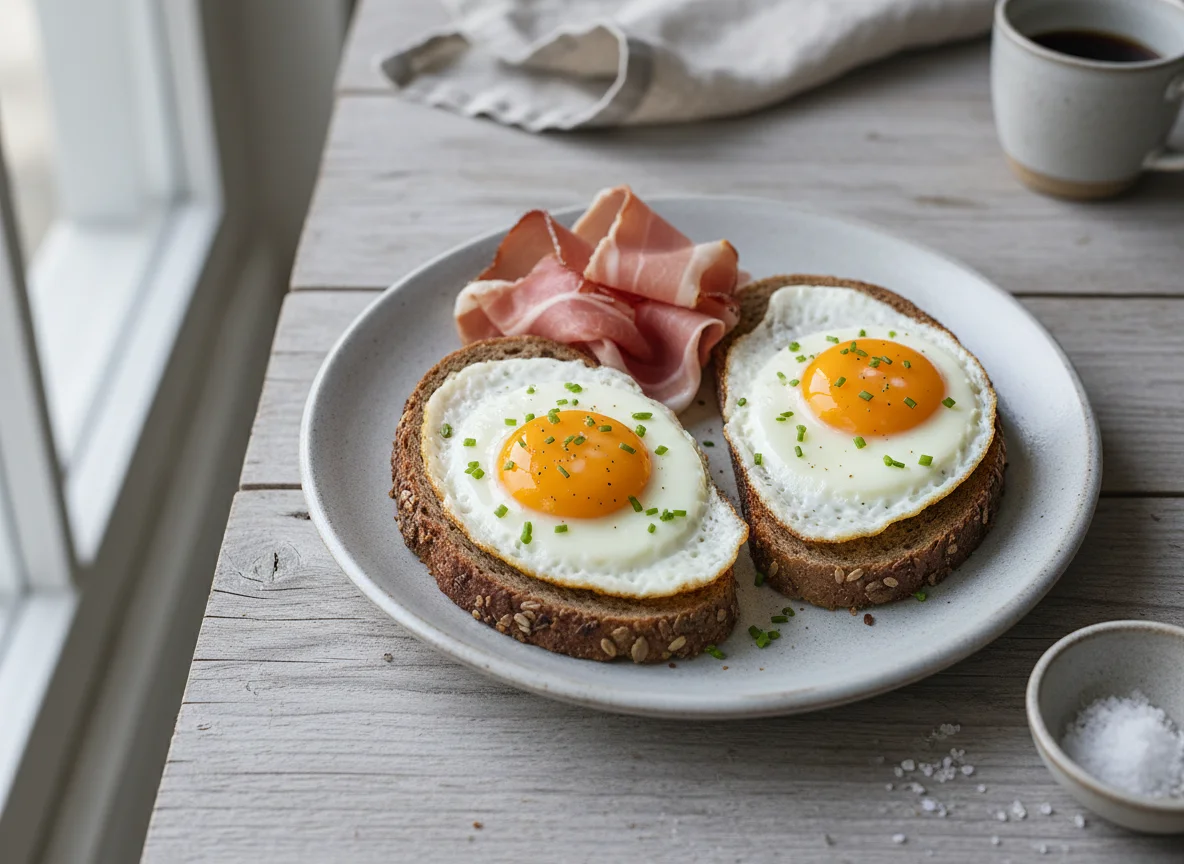 Brot mit Spiegelei und Schinken photo